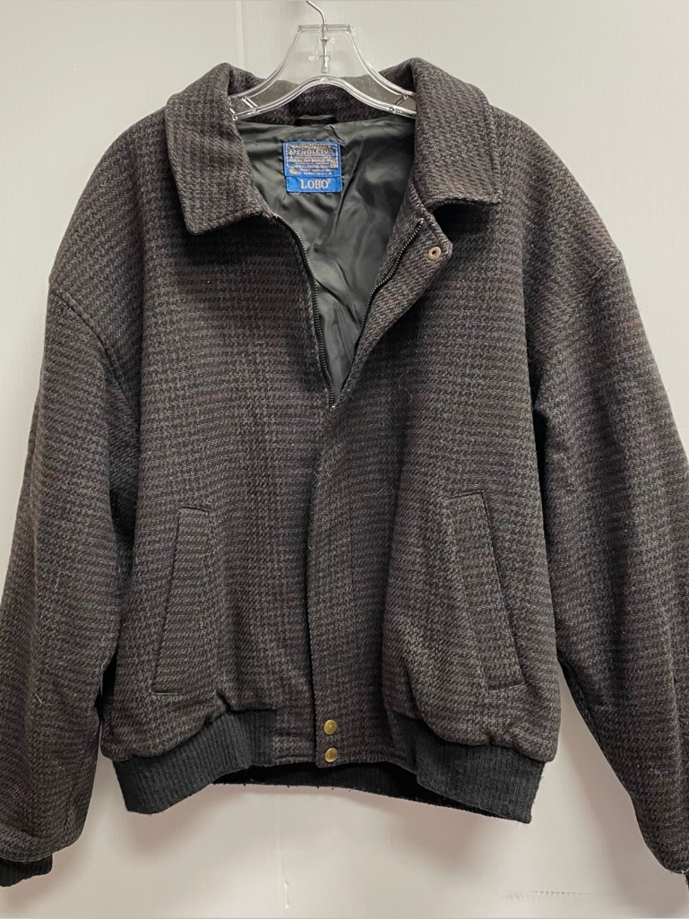 VINTAGE PENDLETON BLACK & PURPLE HOUNDSTOOTH WOOL BOMBER JACKET SZ M